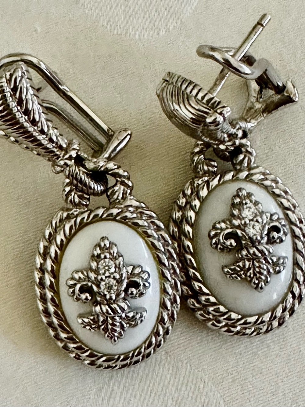 Judith Ripka Silver and White Fleur-de-Lis Oval Drop Pierced Earrings